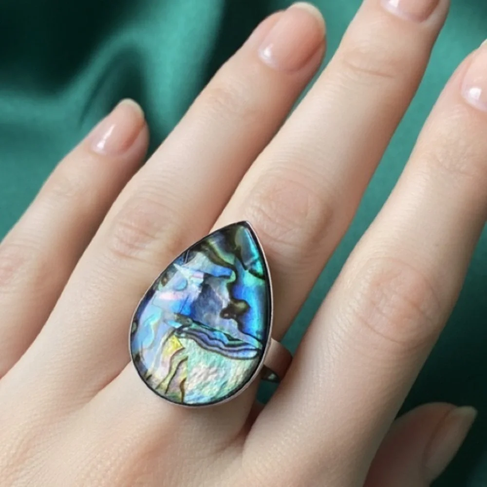 NEW Oversized Abalone Statement Ring Silver Boho Iridescent Beach Jewelry waterp